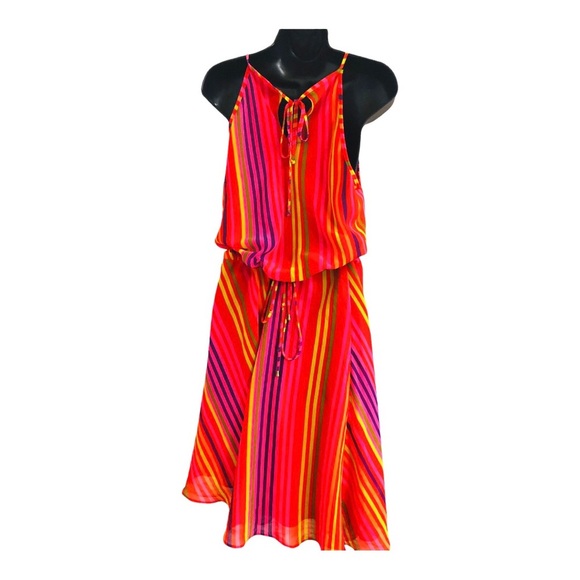 Nine West pink multicolor striped asymmetric belted flowy dress size 4 new‎ - Picture 7 of 15